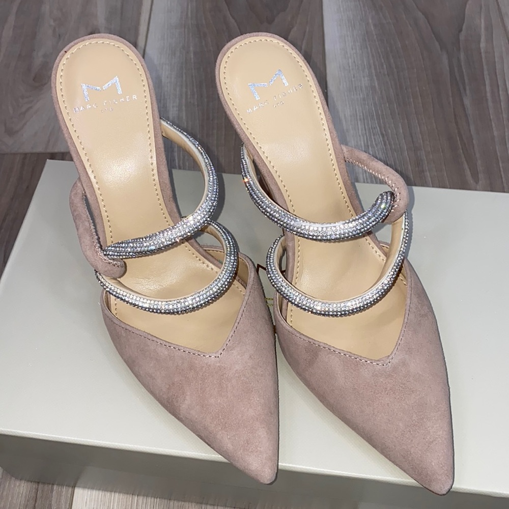 Marc Fisher Candy suede rhinestone mules heels size 6.5
